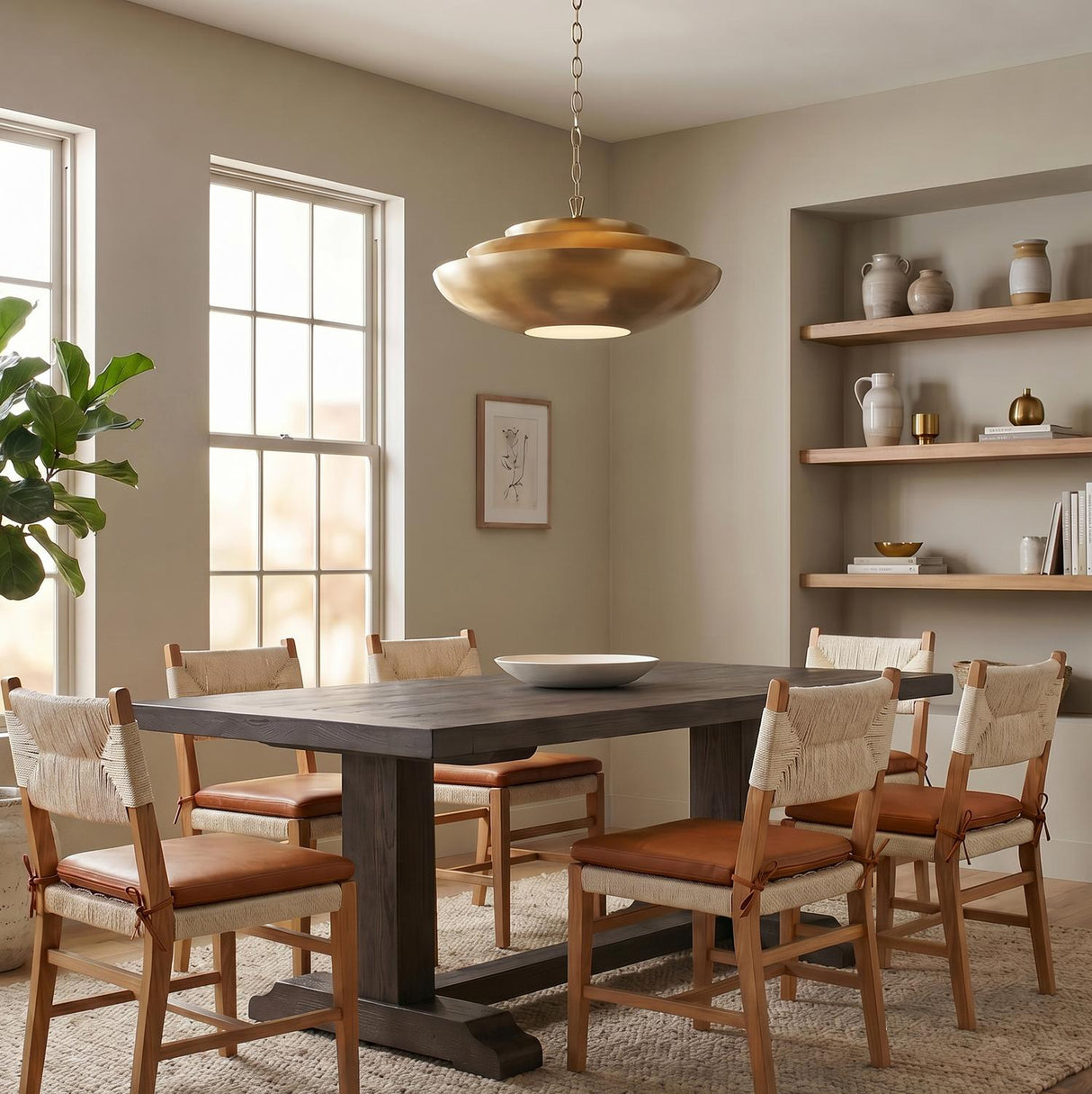 A modern dining room with the Calix Extra Large Pendant 30" in aged brass and alabaster over a dark wood table and woven chairs featuring leather cushions.