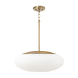 Evora Pendant 20", Aged Brass and Opal Glass, three-quarter view showing wide oval opal glass shade and stem