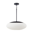 Evora Pendant 20", Matte Black and Opal Glass, three-quarter view of the wide oval opal glass shade and matte black cap