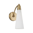Ethel Wall Sconce 13", Aged Brass and Opal Glass, three-quarter view showing curved arm and tapered opal glass shade