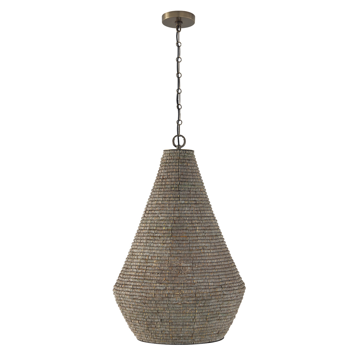 Esmara Pendant 20", Gray Wash Wooden Beads and Dark Matte Brass