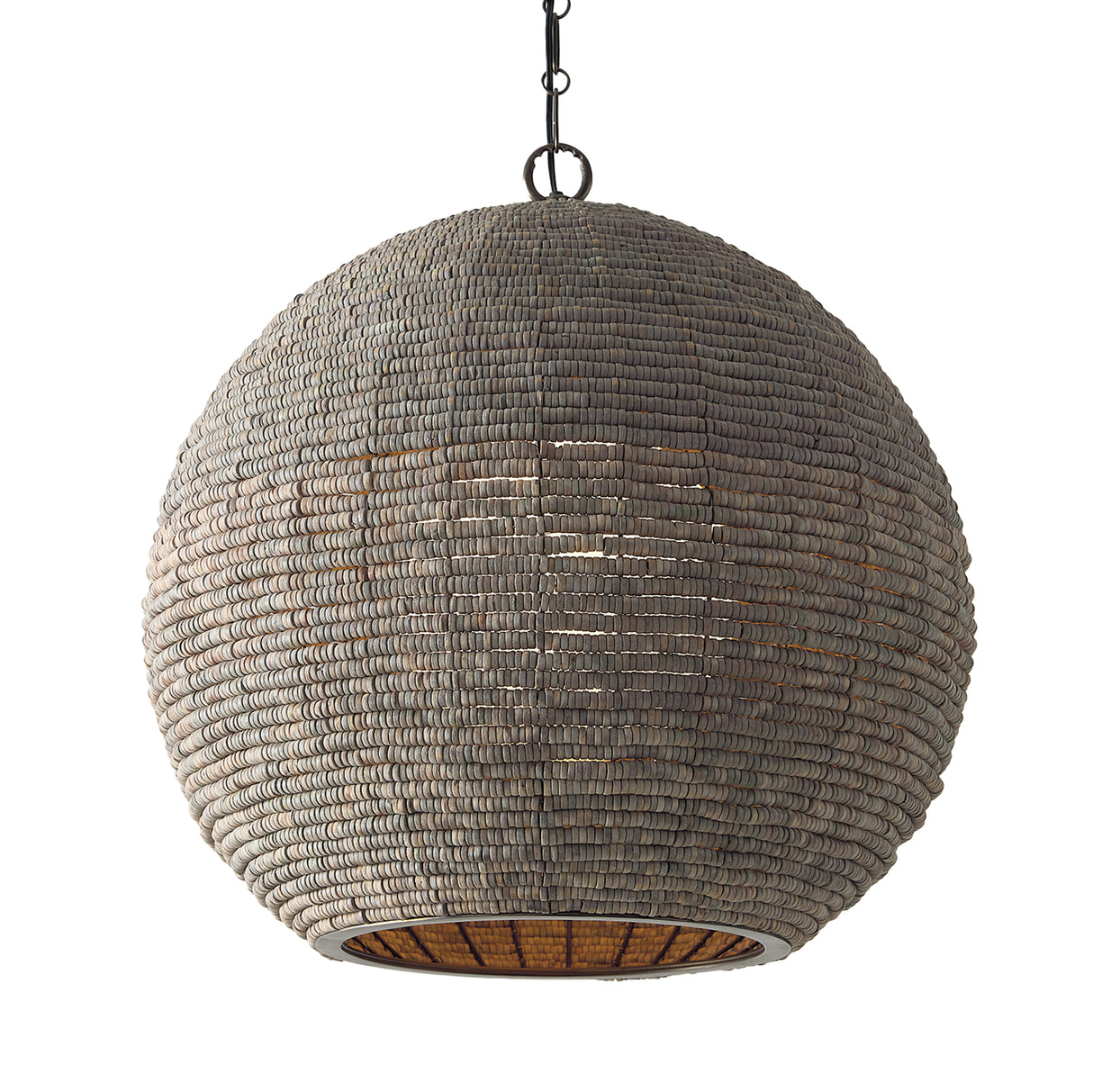 Esmara Pendant 24", Gray Wash Wooden Beads and Dark Matte Brass