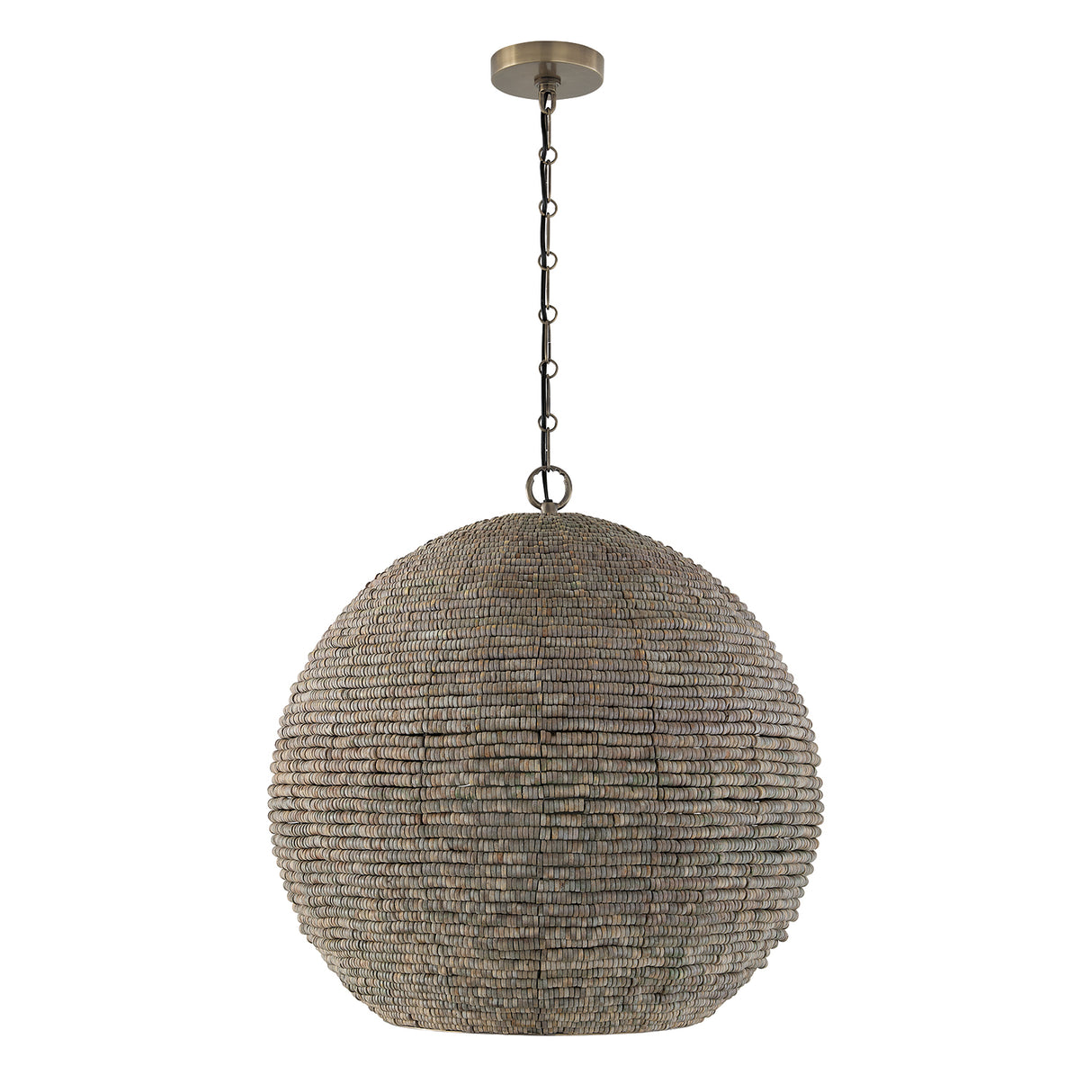 Esmara Pendant 24", Gray Wash Wooden Beads and Dark Matte Brass