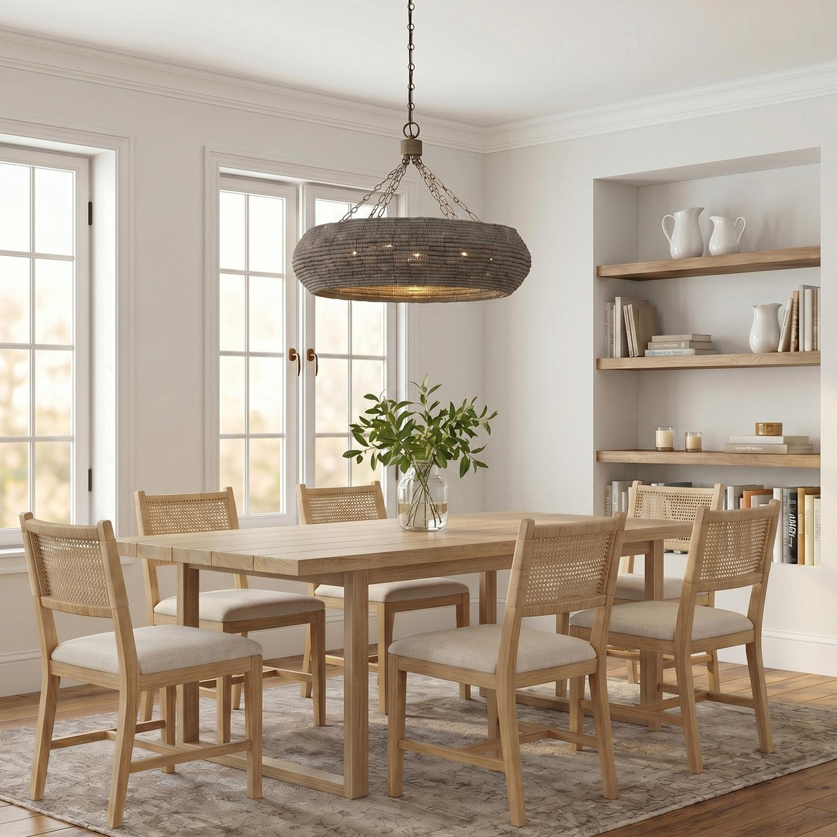 A coastal dining room with the Esmara Chandelier in gray wash wooden beads over a light wood table and cane-back chairs beside built-in wood shelving.