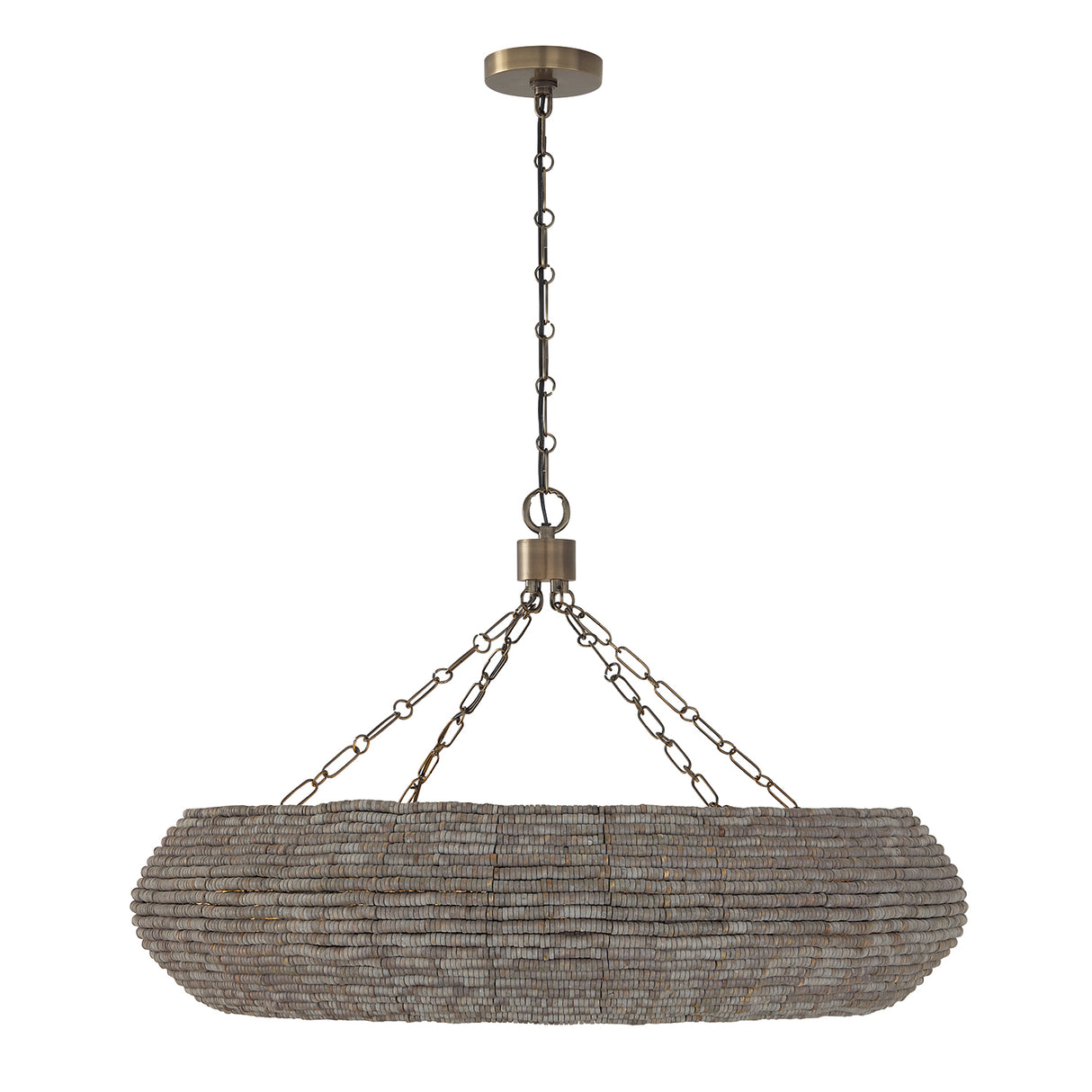 Esmara Chandelier 35", Gray Wash Wooden Beads and Dark Matte Brass
