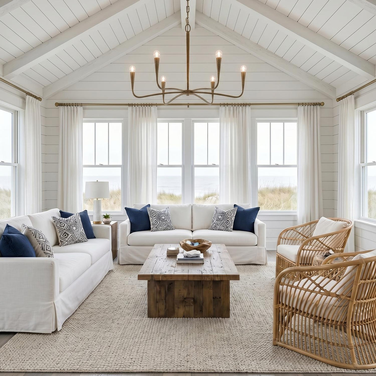 A coastal living room with the Myra 6 Light Chandelier 39", Artisan Brass centered under a vaulted shiplap ceiling above white slipcovered sofas and woven rattan chairs.