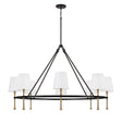 Gerald 8 Light Chandelier 48", Matte Black and Hammered Brass, angled view, tapered fabric shades and hammered brass stems