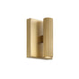 Simeon Small LED Wall Sconce 6", Aged Brass, angled view with lit fluted cylinder shade and rectangular backplate
