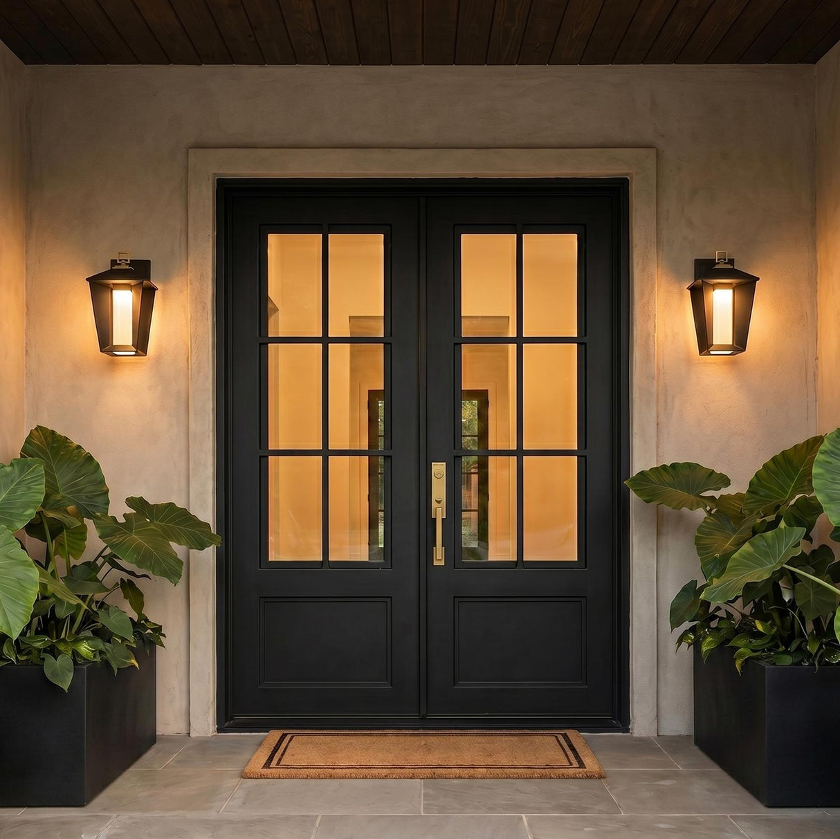 A Mediterranean home exterior with matte black and brass wall lanterns flanking a black double door on a stucco facade with large potted plants at dusk.