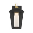 Reynard LED Outdoor Wall Light, Small 13", Black with Brass, front view, black backplate, tapered shade, and frosted glass