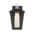 Reynard LED Outdoor Wall Light, Small, 13", Black with Satin Nickel, front view of tapered black frame and frosted panel