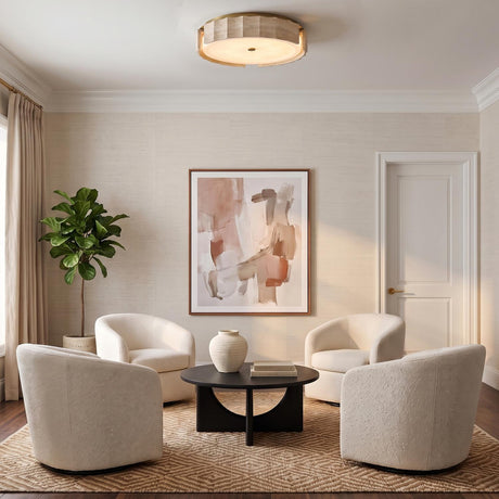 A contemporary living room featuring the Damari Large LED Flush Mount in travertine and brass on the ceiling over four white bouclé swivel chairs and a jute rug.
