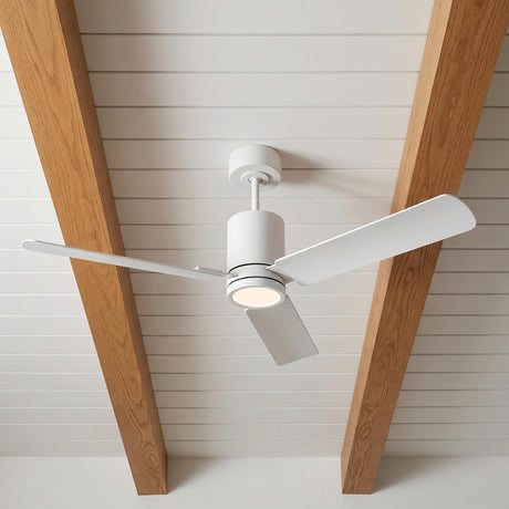A modern farmhouse living room with the Corvo LED Ceiling Fan 54", Matte White in a matte white finish installed between two natural wood beams.