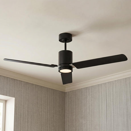A modern living room with the Corvo LED Ceiling Fan 62 in Matte Black and frosted glass installed along the ceiling center above textured gray wallpaper.