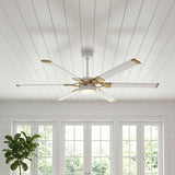 A modern farmhouse living room featuring the Loon LED Ceiling Fan 62", Matte White with Modern Brass, centered on a white shiplap ceiling near French doors.