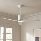 A transitional living room featuring the matte white Condor LED Ceiling Fan 52" with a frosted glass diffuser installed at the ceiling center near white crown molding.