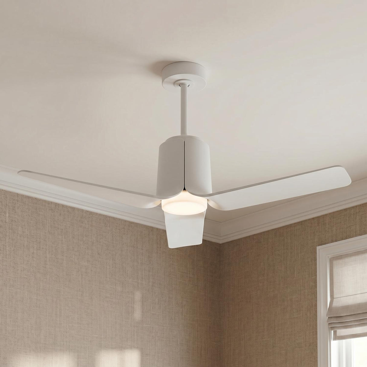 A contemporary bedroom with a matte white Condor LED Ceiling Fan 66" on the ceiling center, featuring beige textured wallpaper and white crown molding.