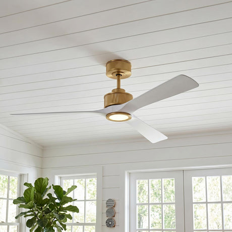 A modern farmhouse living room featuring an Oriole LED Ceiling Fan 52", Modern Brass and Matte White on a sloped shiplap ceiling beside white French doors.