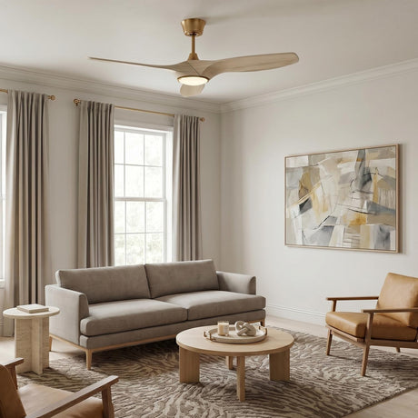 A transitional living room with the Osprey LED Ceiling Fan 52", Whitewash Oak with Modern Brass in the ceiling center over a grey sofa and leather armchair.