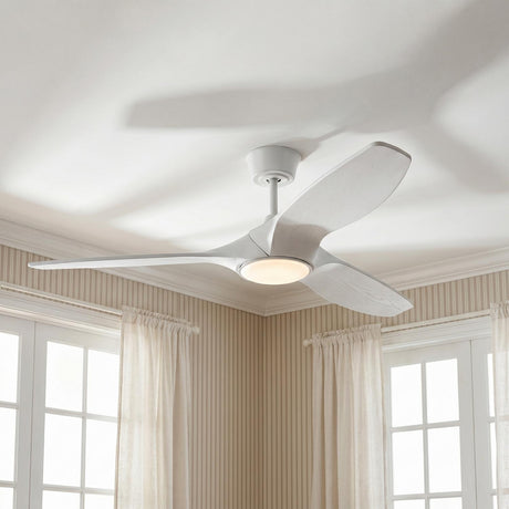 A transitional living room with striped wallpaper features the Osprey LED Ceiling Fan 52" in Matte White Oak mounted to the ceiling center between white paneled windows.