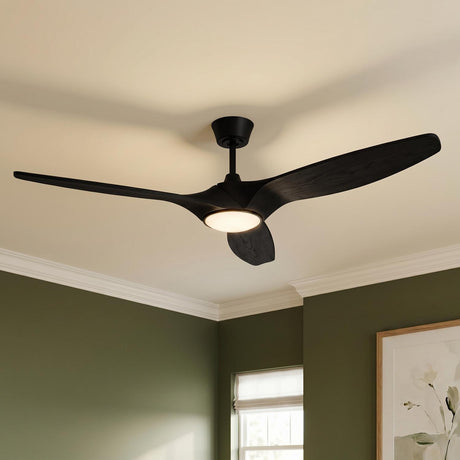 A modern living room with the Osprey LED Ceiling Fan 60 inch in matte black oak installed in the ceiling center against olive walls and white crown molding.