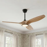 A transitional living room featuring the Osprey LED Ceiling Fan with natural oak blades and a matte black finish centered on a white ceiling beside floral wallpaper.