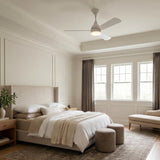 A transitional bedroom featuring a matte white Serin LED Ceiling Fan 52 inch mounted to the center of a coffered ceiling above a neutral upholstered bed.