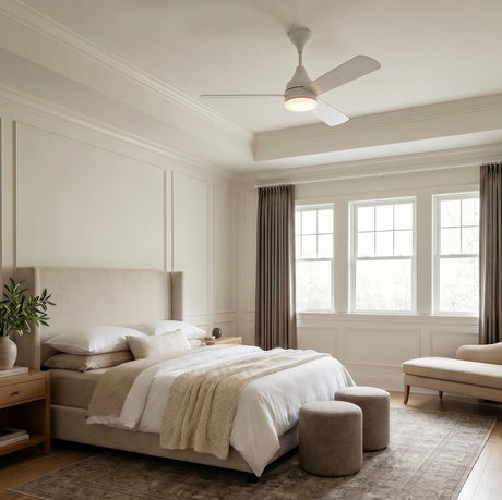 A transitional bedroom featuring a matte white Serin LED Ceiling Fan 52 inch mounted to the center of a coffered ceiling above a neutral upholstered bed.