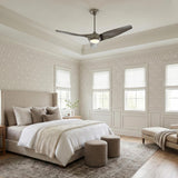 A transitional bedroom with the Krestel LED Ceiling Fan 52", Brushed Steel centered on a coffered ceiling above a neutral upholstered bed and patterned wallpaper.