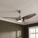 A contemporary bedroom with the Krestel LED Ceiling Fan 52" in brushed steel and frosted glass centered on the ceiling above textured wallpaper and white crown molding.