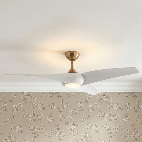 A transitional bedroom featuring the Krestel LED Ceiling Fan 60" with matte white blades and modern brass downrod mounted above tan floral patterned wallpaper and white crown molding.