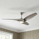 A contemporary living room with a Krestel LED Ceiling Fan 60", Brushed Steel mounted to a standard ceiling with white crown molding and textured striped wallpaper.