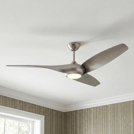 A contemporary living room with a Krestel LED Ceiling Fan 60", Brushed Steel mounted to a standard ceiling with white crown molding and textured striped wallpaper.