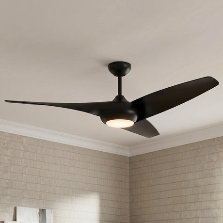 A contemporary living room featuring a Krestel LED Ceiling Fan 60", Matte Black with three matte black blades and integrated frosted glass light kit against tan textured wallpaper.
