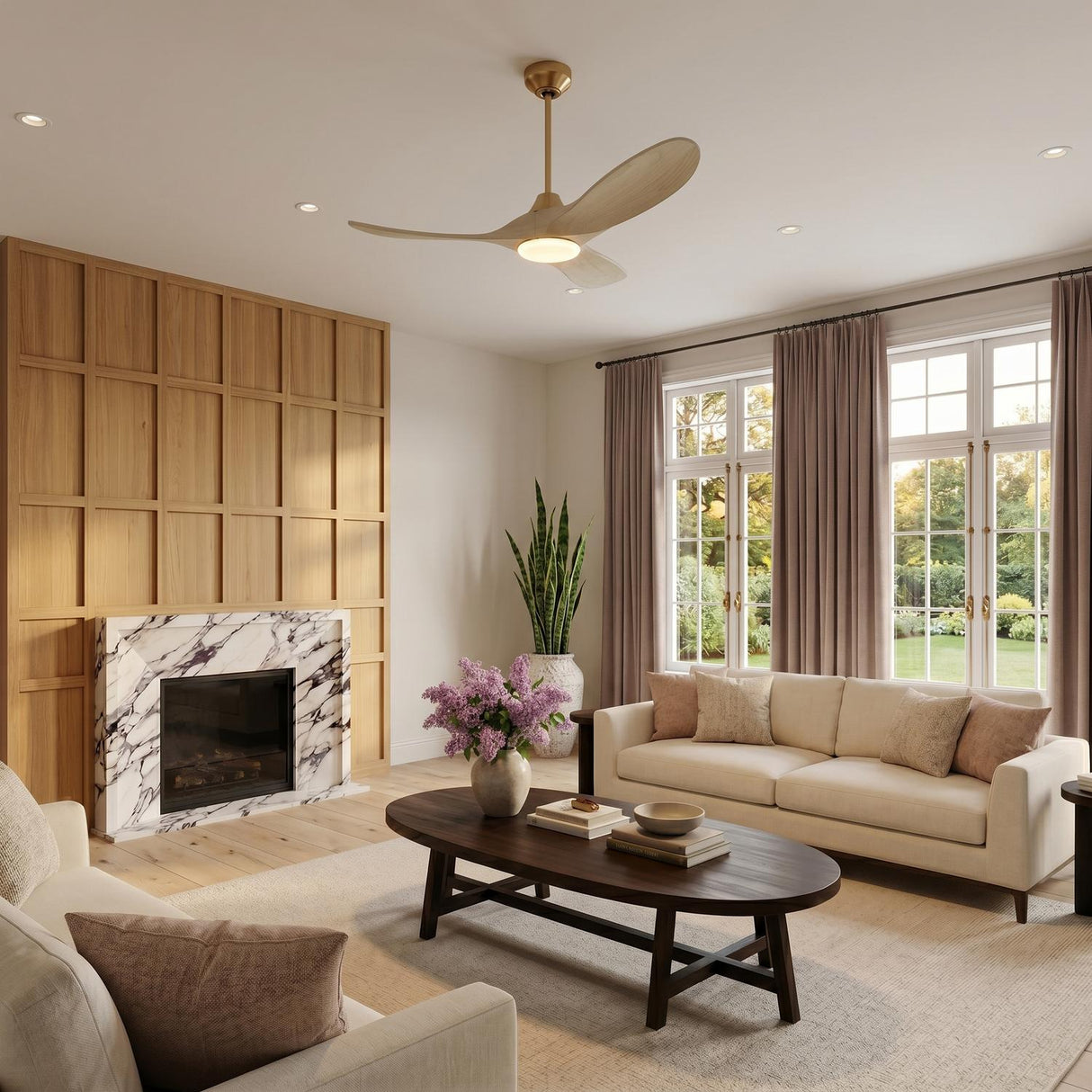 A contemporary living room with the Egret LED Ceiling Fan 44", Whitewash Oak and Modern Brass centered over a marble fireplace and wood paneled wall.