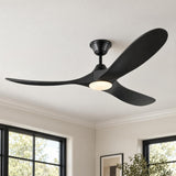 A modern living room featuring the Egret LED Ceiling Fan 60", Matte Black Oak mounted at the ceiling center near black-framed windows.