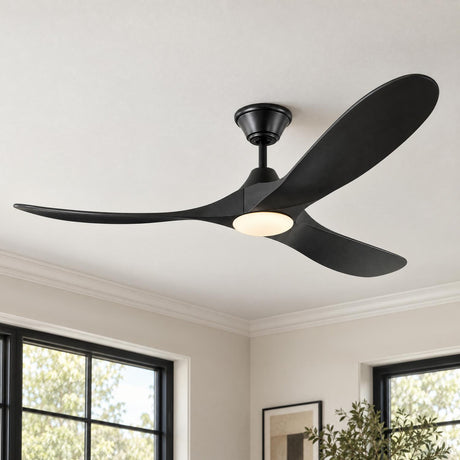 A modern living room featuring the Egret LED Ceiling Fan 60", Matte Black Oak mounted at the ceiling center near black-framed windows.