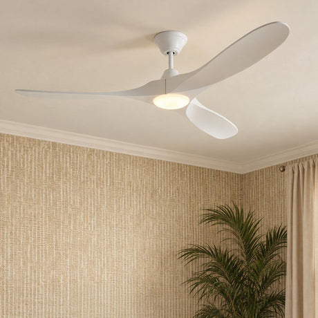 A modern living room featuring the Egret LED Ceiling Fan 60", Matte White Oak on the ceiling, surrounded by beige grasscloth wallpaper and an indoor plant.