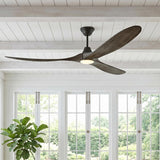 A modern farmhouse living room featuring an Egret LED Ceiling Fan with gray wash oak blades and aged pewter finish on a white beamed shiplap ceiling.