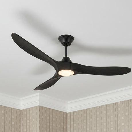 A transitional bedroom featuring the Egret LED Ceiling Fan 70" with matte black oak blades and a glowing frosted glass light against patterned taupe wallpaper.