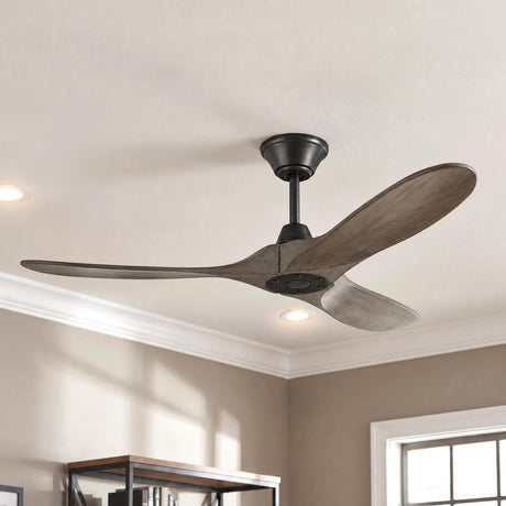 A transitional living room featuring the Egret Ceiling Fan 52", Gray Wash Oak and Aged Pewter mounted on the ceiling near a wood bookshelf.