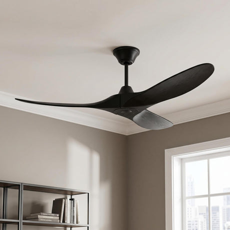 A modern living room with the Egret Ceiling Fan 52" featuring a matte black finish and oak blades installed in the ceiling center near a minimalist bookshelf.