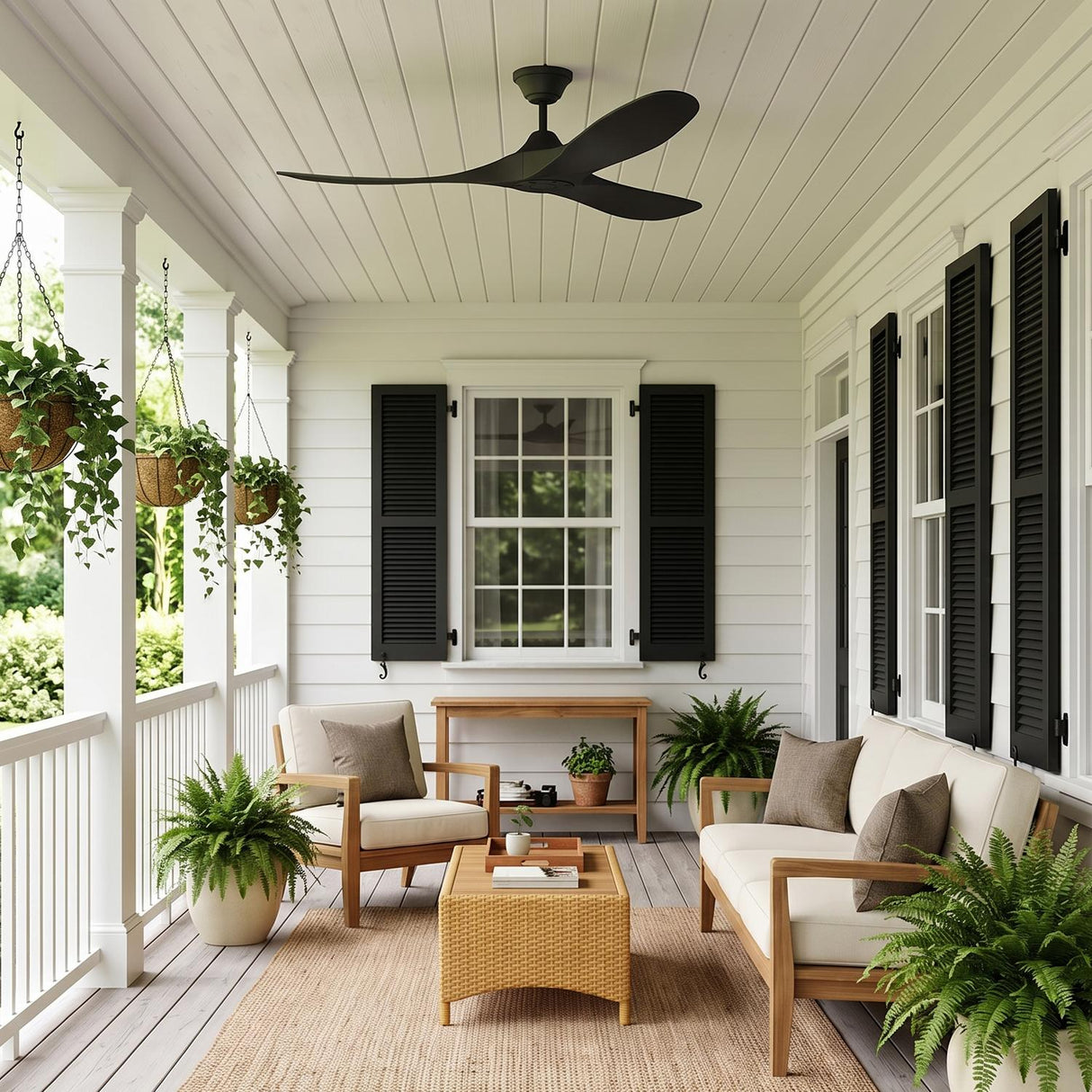 A farmhouse porch with an Egret Outdoor Ceiling Fan 52", Matte Black on a white porch ceiling featuring white siding, black shutters, wooden furniture, and ferns.