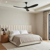 A contemporary bedroom with the Egret Ceiling Fan 60" Matte Black Oak installed on a coffered ceiling above a cream channel-tufted bed and fluted wood nightstands.