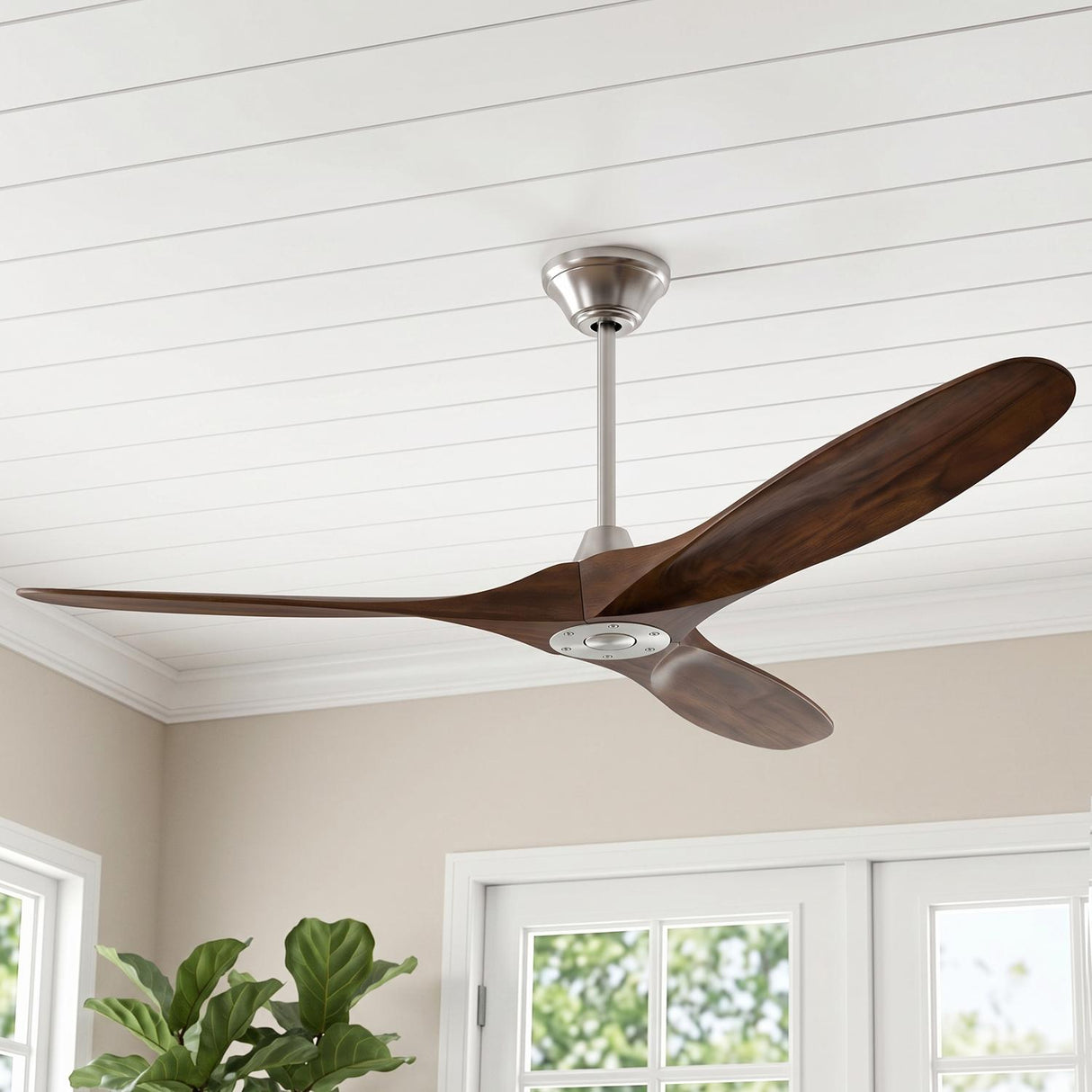 A modern living room with the Egret Ceiling Fan 70", Walnut Wood and Brushed Steel mounted to a white shiplap ceiling near a fiddle leaf fig plant.