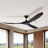 A modern living room with the 88 inch Egret Ceiling Fan in matte black oak mounted in the ceiling center near concrete and wood walls.
