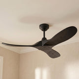 A contemporary bedroom featuring the Egret Ceiling Fan 44" in a matte black oak finish installed in the ceiling center above cream-colored wavy patterned wallpaper.