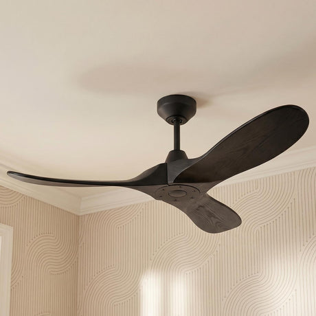 A contemporary bedroom featuring the Egret Ceiling Fan 44" in a matte black oak finish installed in the ceiling center above cream-colored wavy patterned wallpaper.