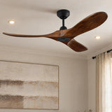 A modern living room with the Egret Ceiling Fan 52", Walnut Wood and Matte Black installed on the ceiling near abstract wall art and linen curtains.