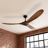 An industrial living room with a walnut wood and matte black Egret Ceiling Fan 70" near exposed brick walls and large windows with city views.